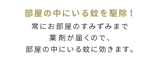 部屋の中にいる蚊を駆除！常にお部屋のすみずみまで薬剤が常に届くので、部屋の中にいる蚊に効きます。